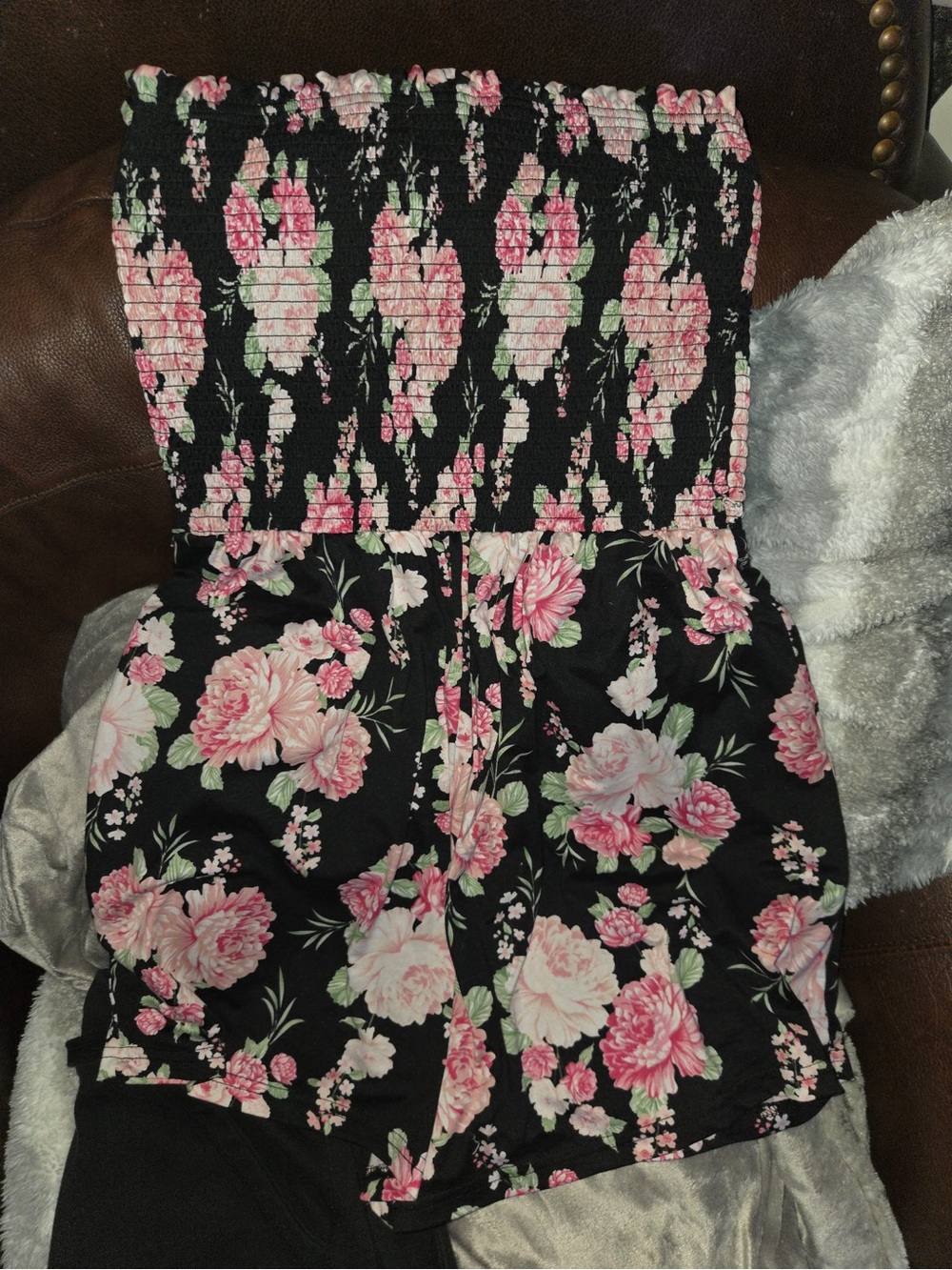 Floral Strapless Romper in Black and Pink